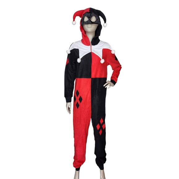 Vintage Harley Quinn DC Comics Fleece Jester Hooded Mask Cosplay Jumpsuit Med - Picture 2 of 9